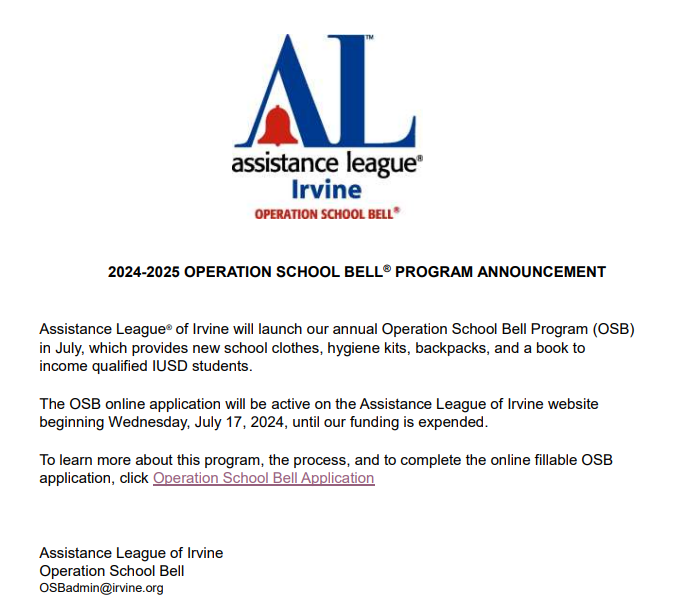 Assistance League of Irvine Operation School Bell Program Announcement